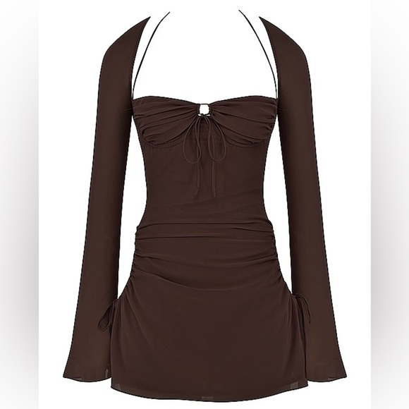 House of CB Baby Chocolate Brown Chiffon Cutout Halter Long Sleeve Mini Dress - Picture 10 of 12